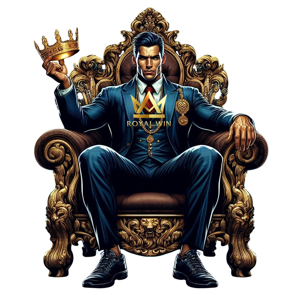 King sitting on the throne holding crown with Royal Win logo on chest